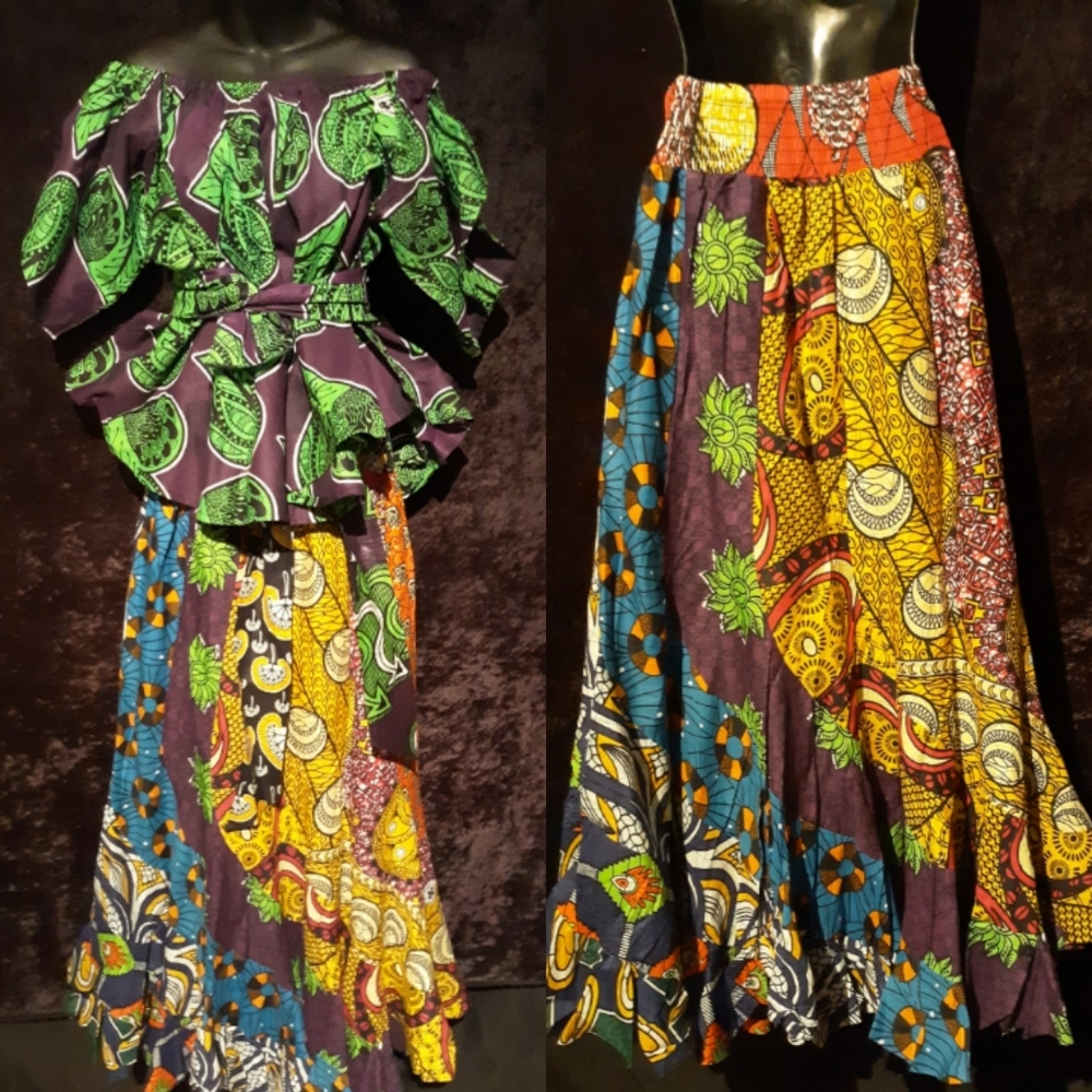 Cotton top & patchquilt ruffled long skirt